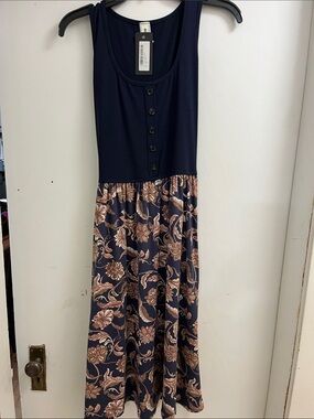 Navy Tank Floral Midi Dress with Button Detail